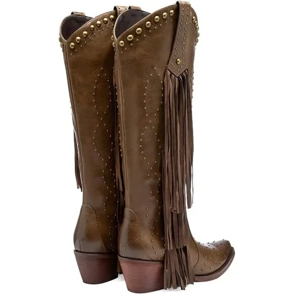 Women's Brown Fashion Pointed Toe Chunky Heel Rivet Pull-On Knee High Fringe - Picture 5 of 8